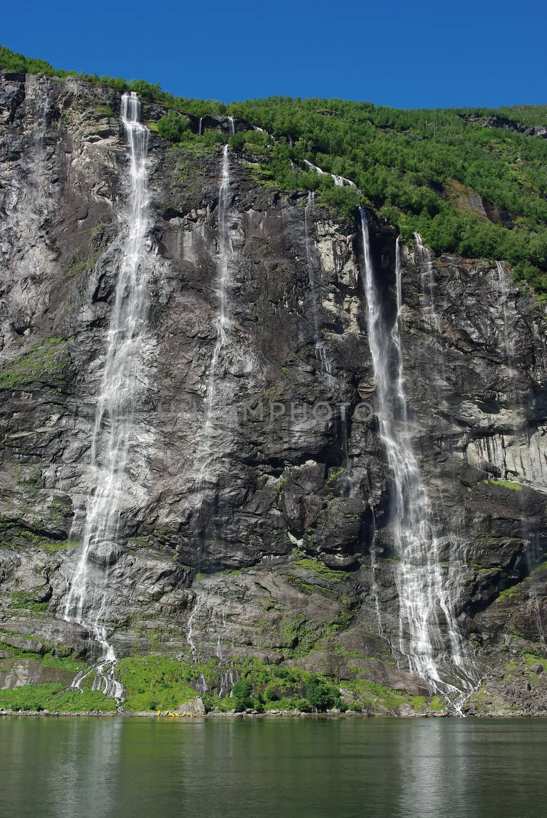 Mountain river with waterfalls in Norway, Geiranger