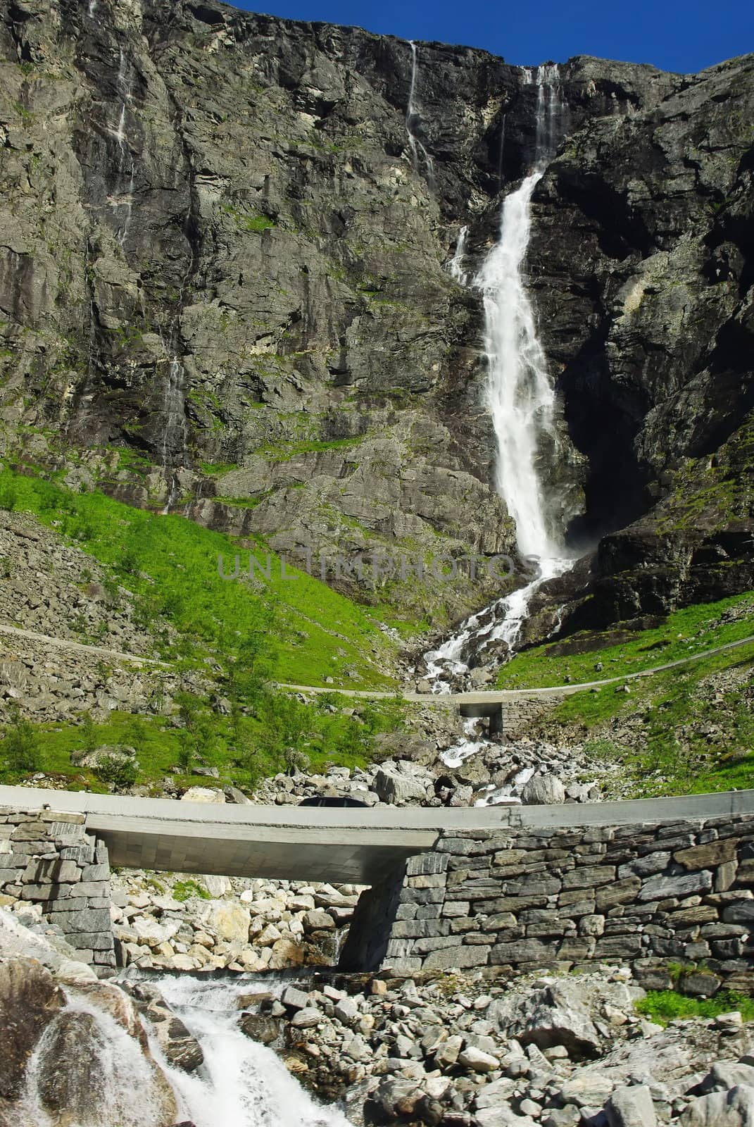 Mountain river with waterfalls in Norway, Geiranger