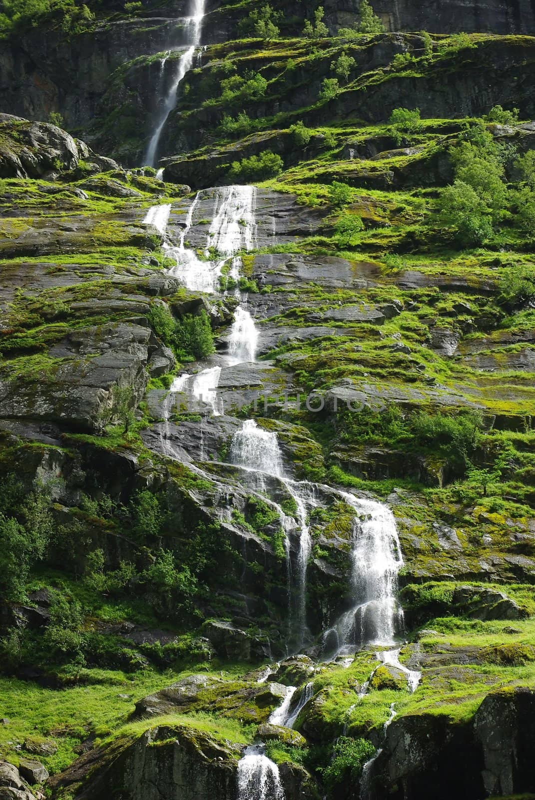 Mountain river with waterfalls in Norway, Geiranger