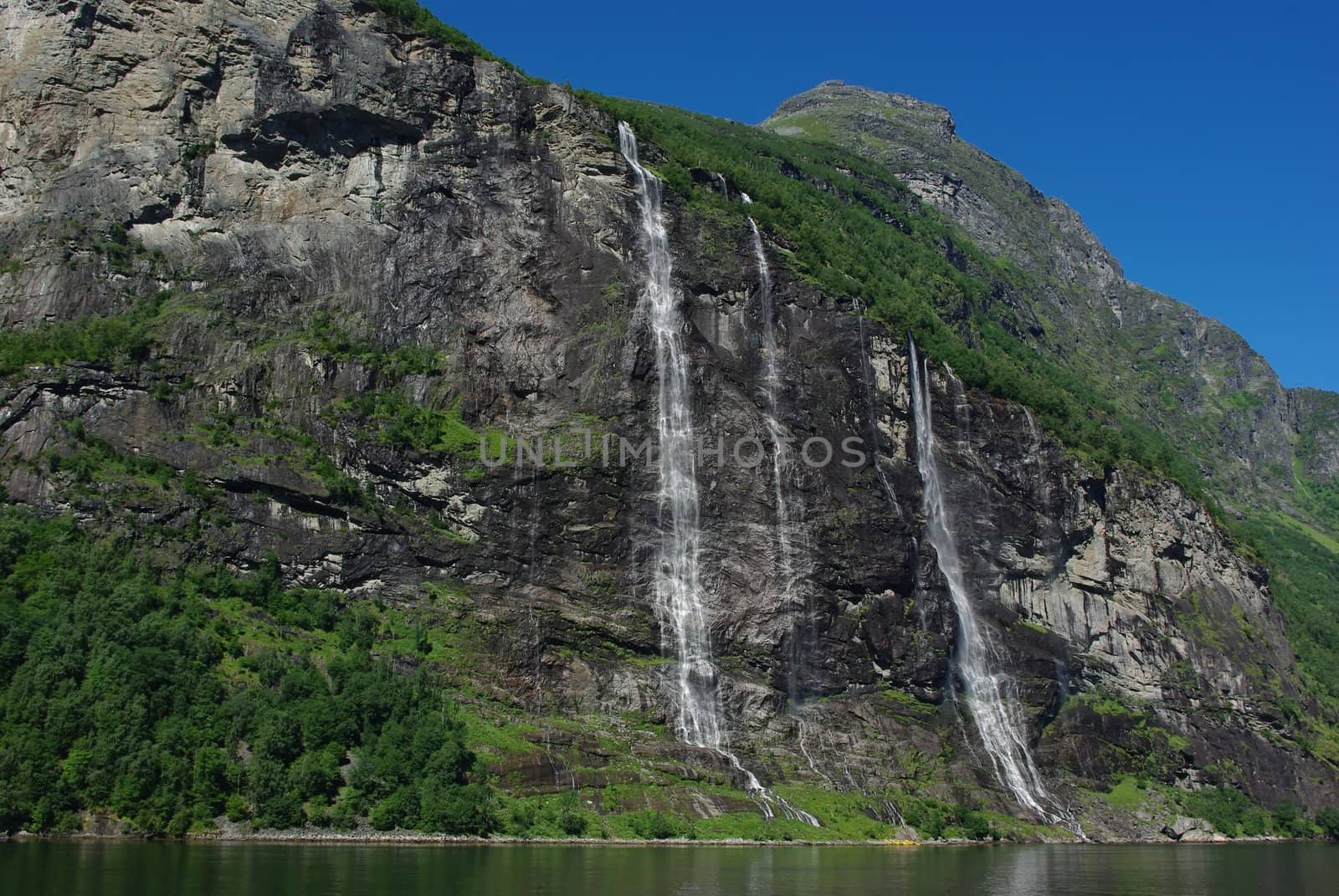 Mountain river with waterfalls in Norway, Geiranger