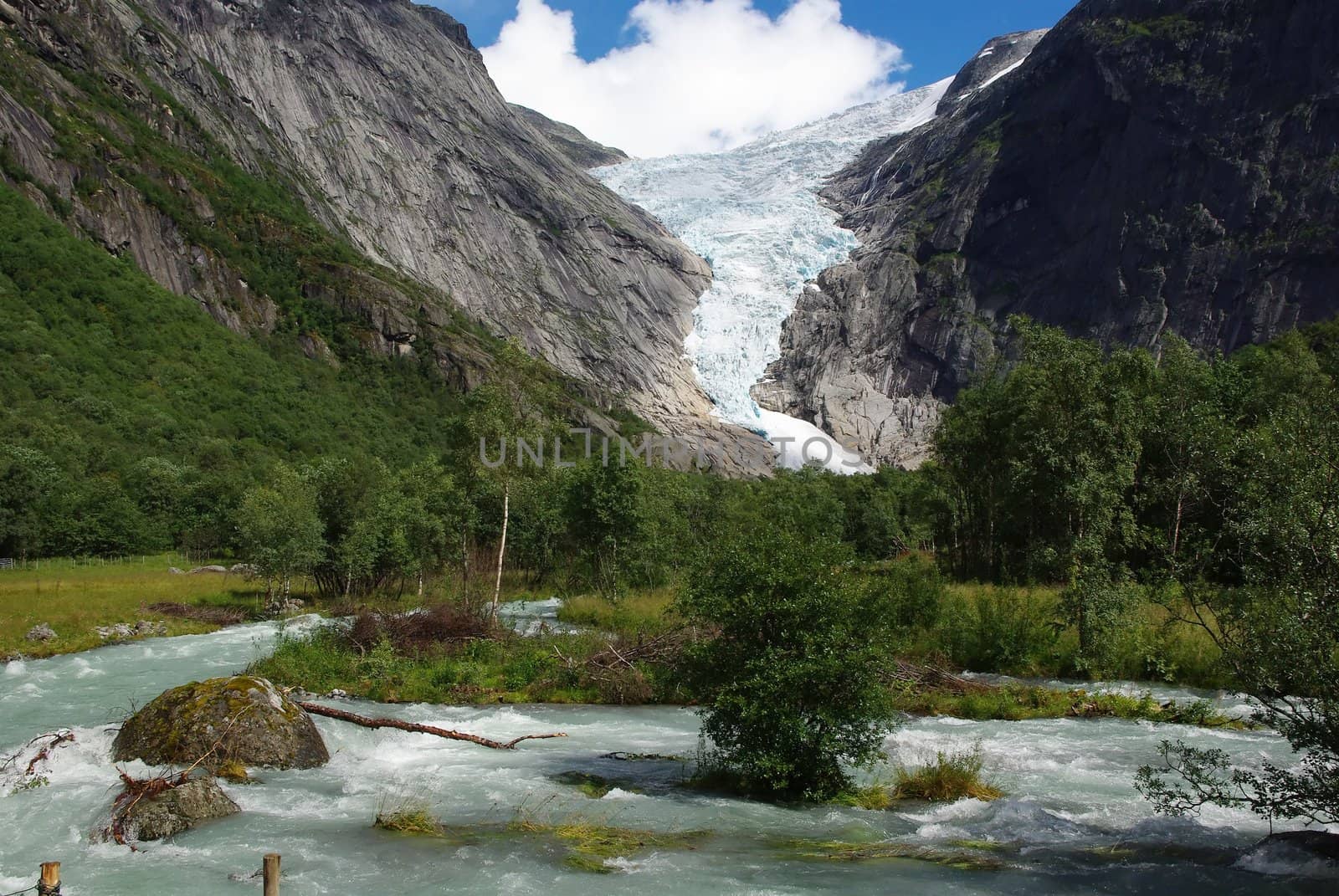 Mountain river flowing from glacier Briksdale in Norway, Europe 