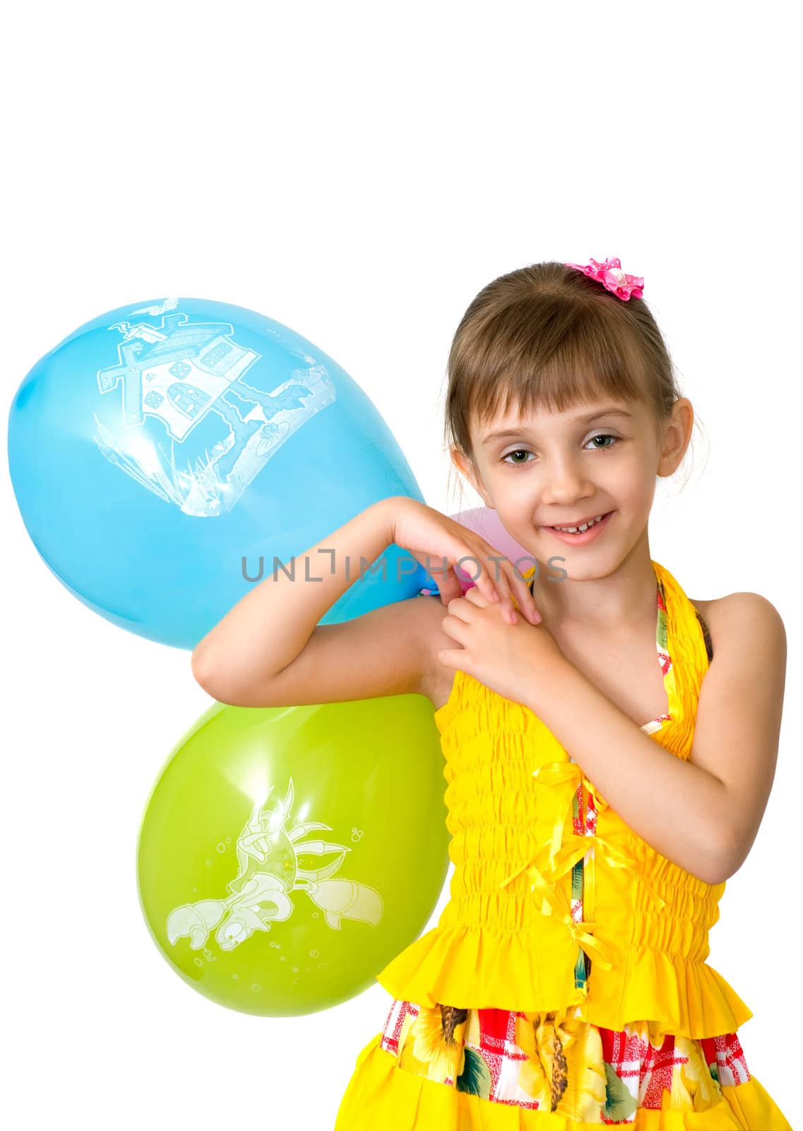 The girl in yellow clothes with balloons
