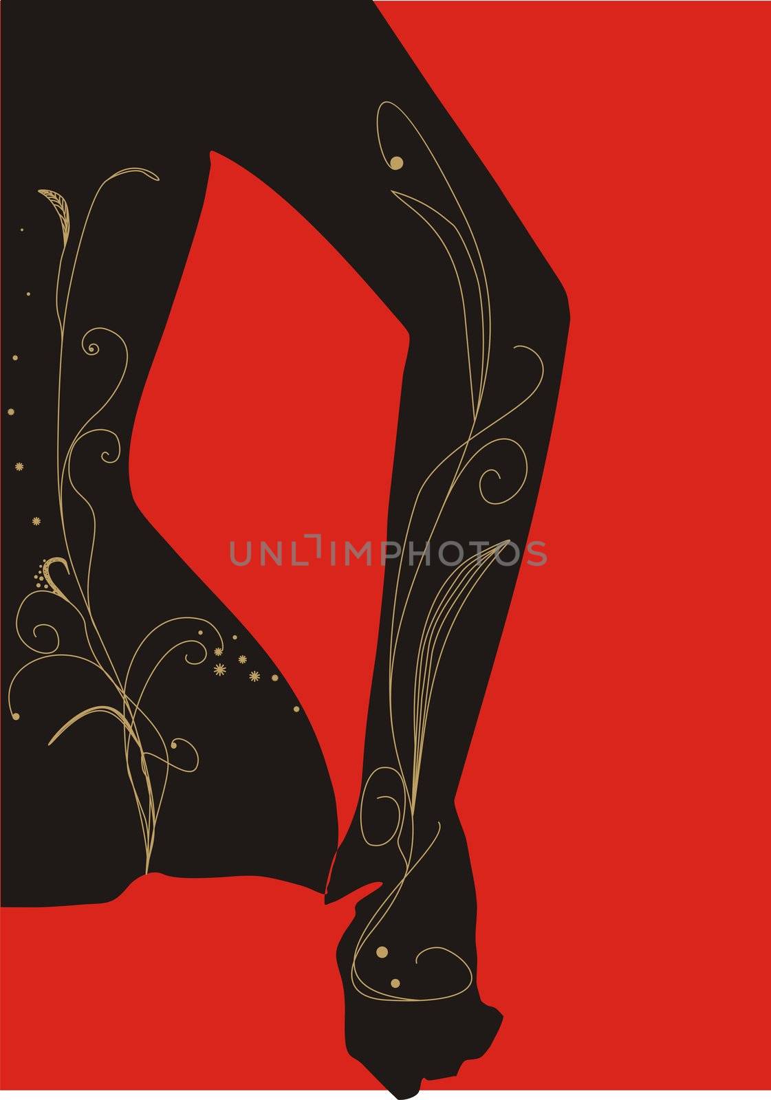 Contour of a female body with figure of gold color on a red background
