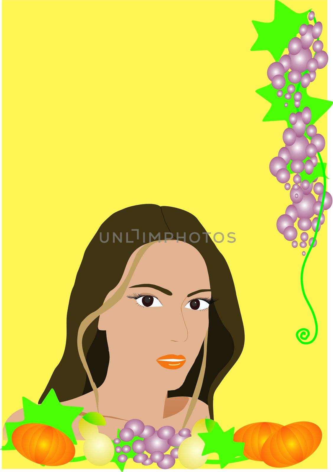 Young beautiful woman the brunette with long hair and brown eyes
 on a yellow background with various fruits of autumn
 