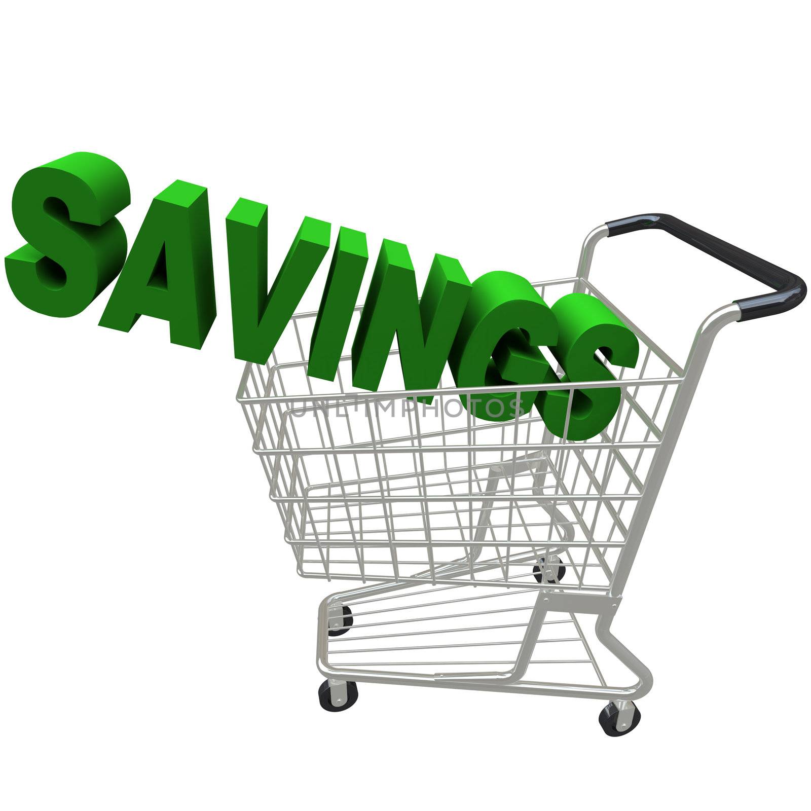 The word Savings in a metal shopping cart