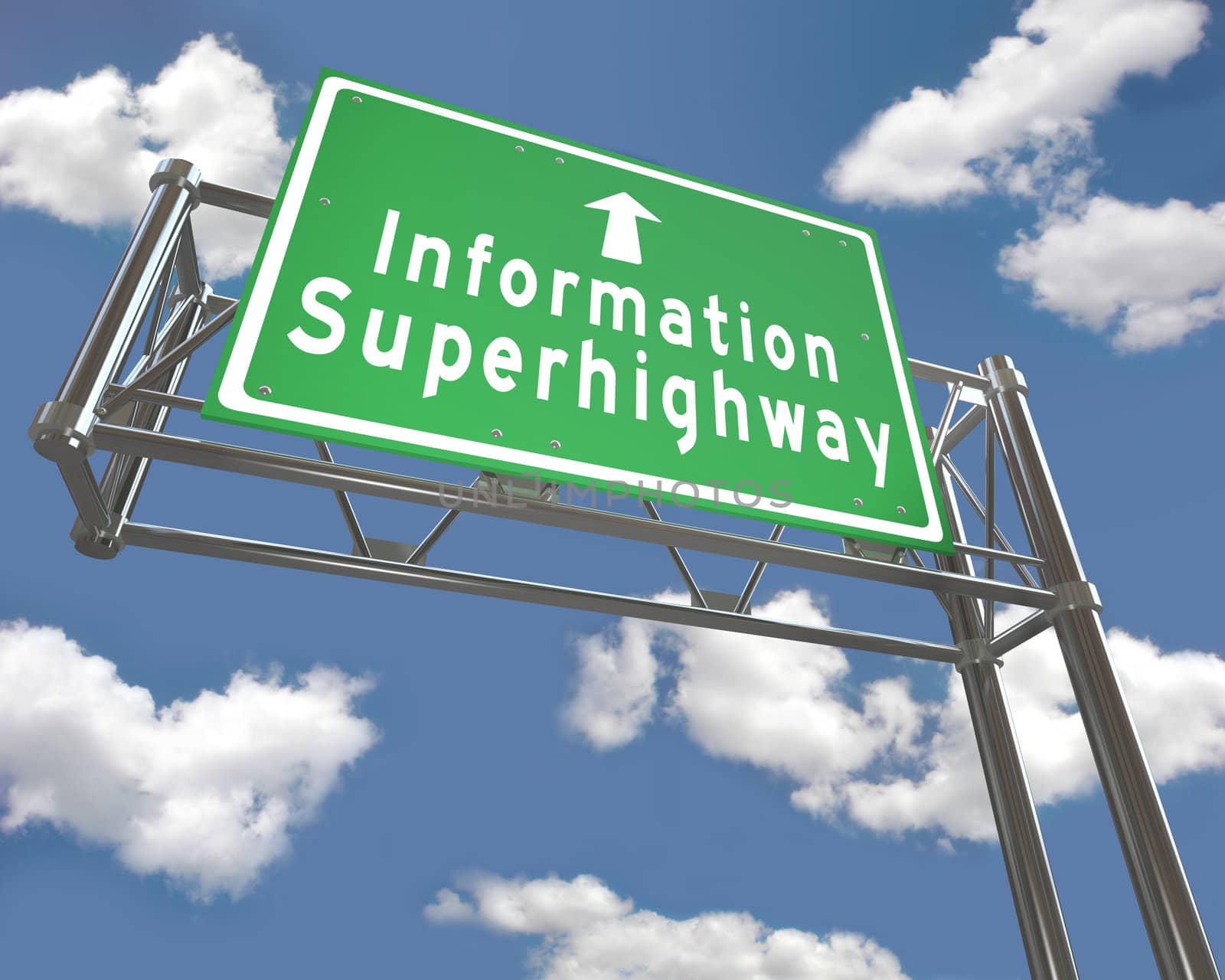 A green freeway sign with the words Information Superhighway and an arrow