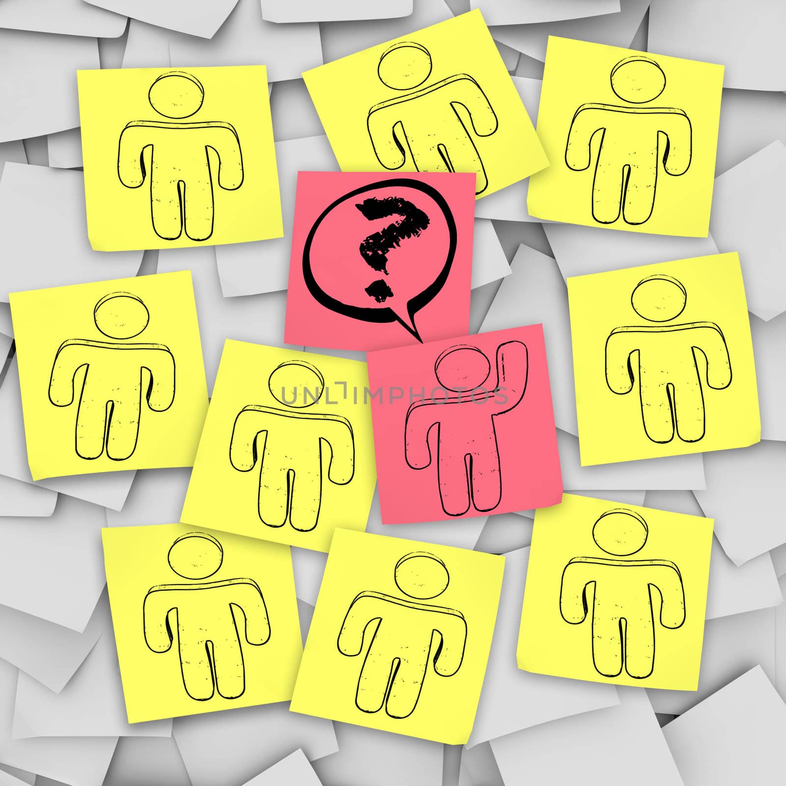 One person in the group raises his hand with a question in this episode of Sticky Note Theatre.