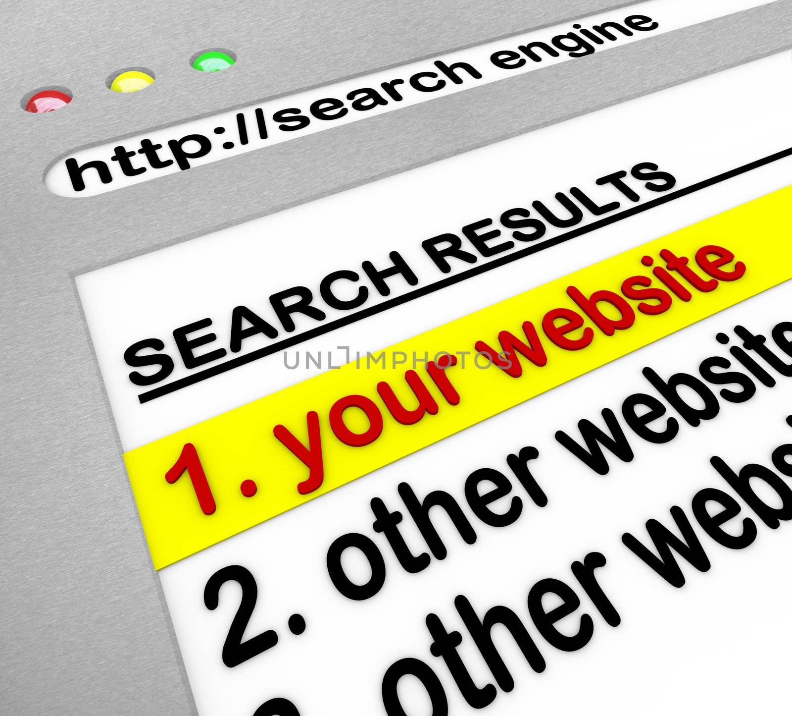 A search engine browser window shows your website as the top result