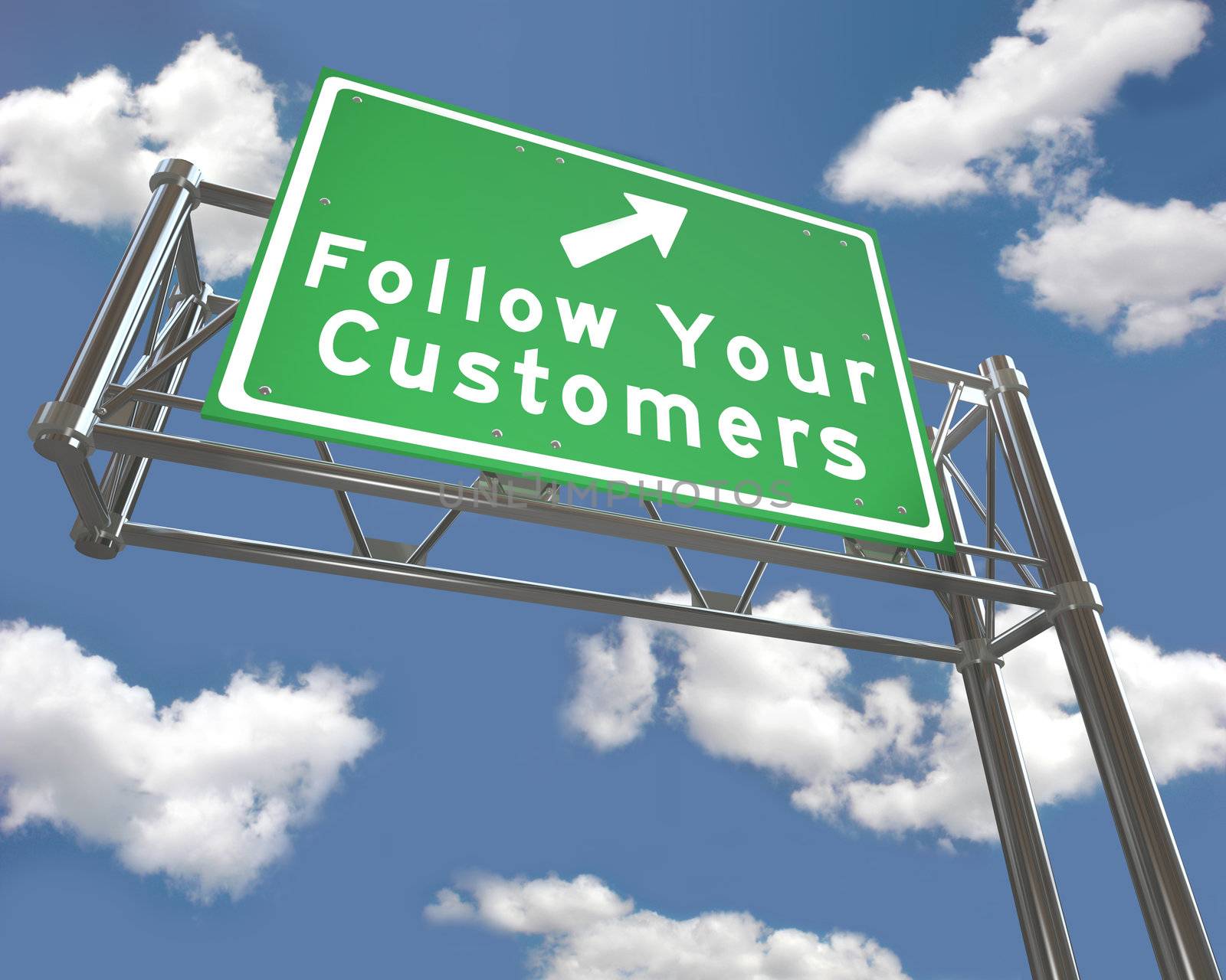 A green freeway sign with the words Follow Your Customers with an arrow