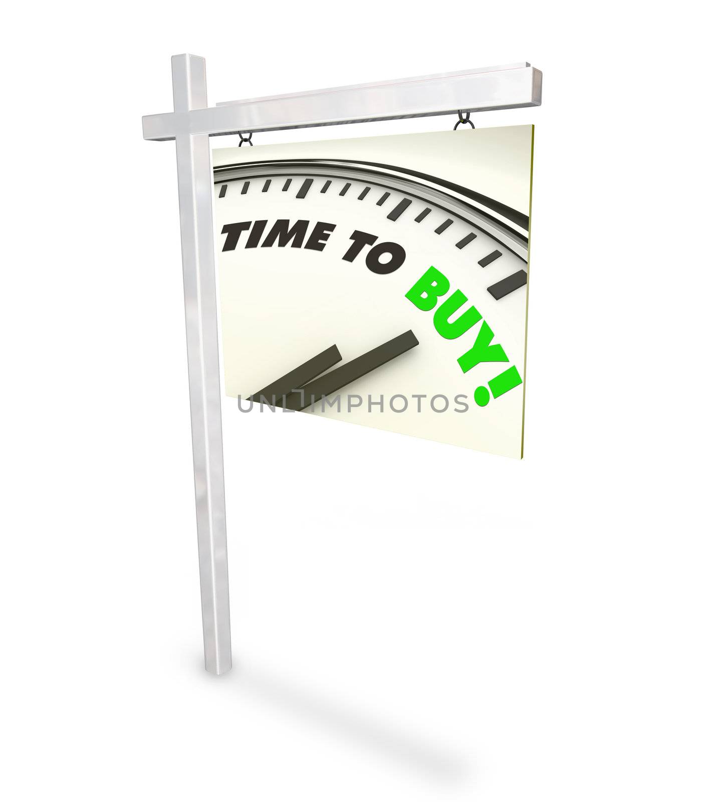A home for sale sign showing a clock with the words Time to Buy