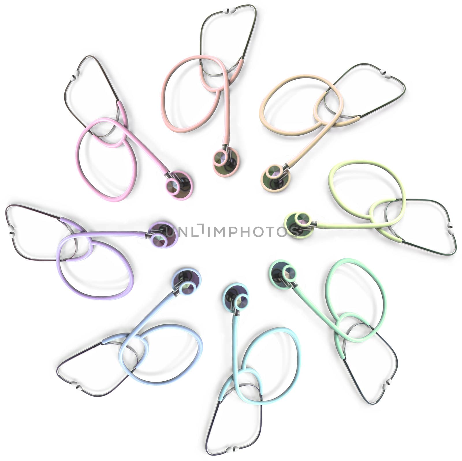 A circular display of stethoscopes of a rainbow of colors