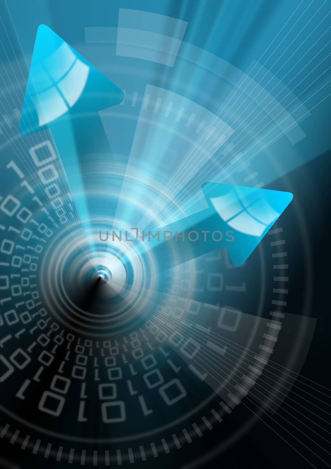 Abstract background with blue arrows, and binary code
