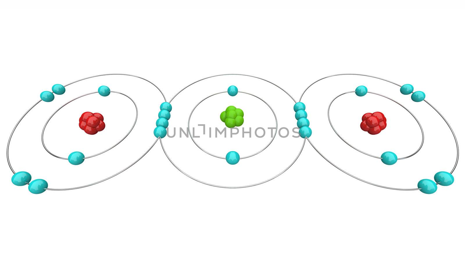 An atomic diagram of carbon dioxide, or CO2, showing its protons, neutrons and electrons including the carbon and oxygen atoms