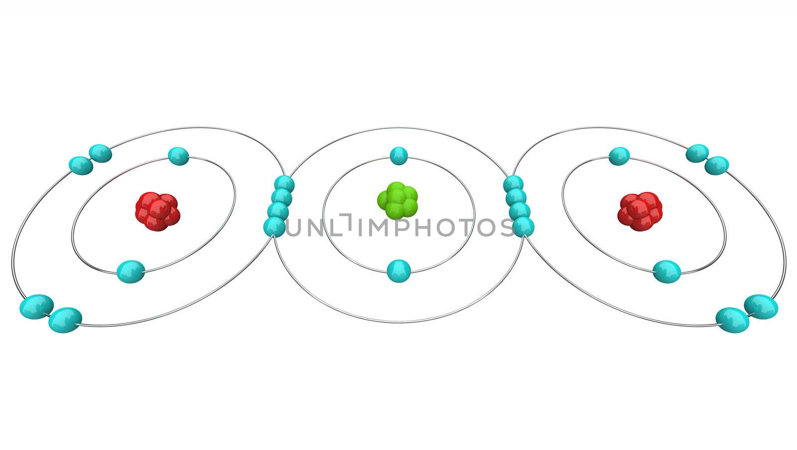 An atomic diagram of carbon dioxide, or CO2, showing its protons, neutrons and electrons including the carbon and oxygen atoms