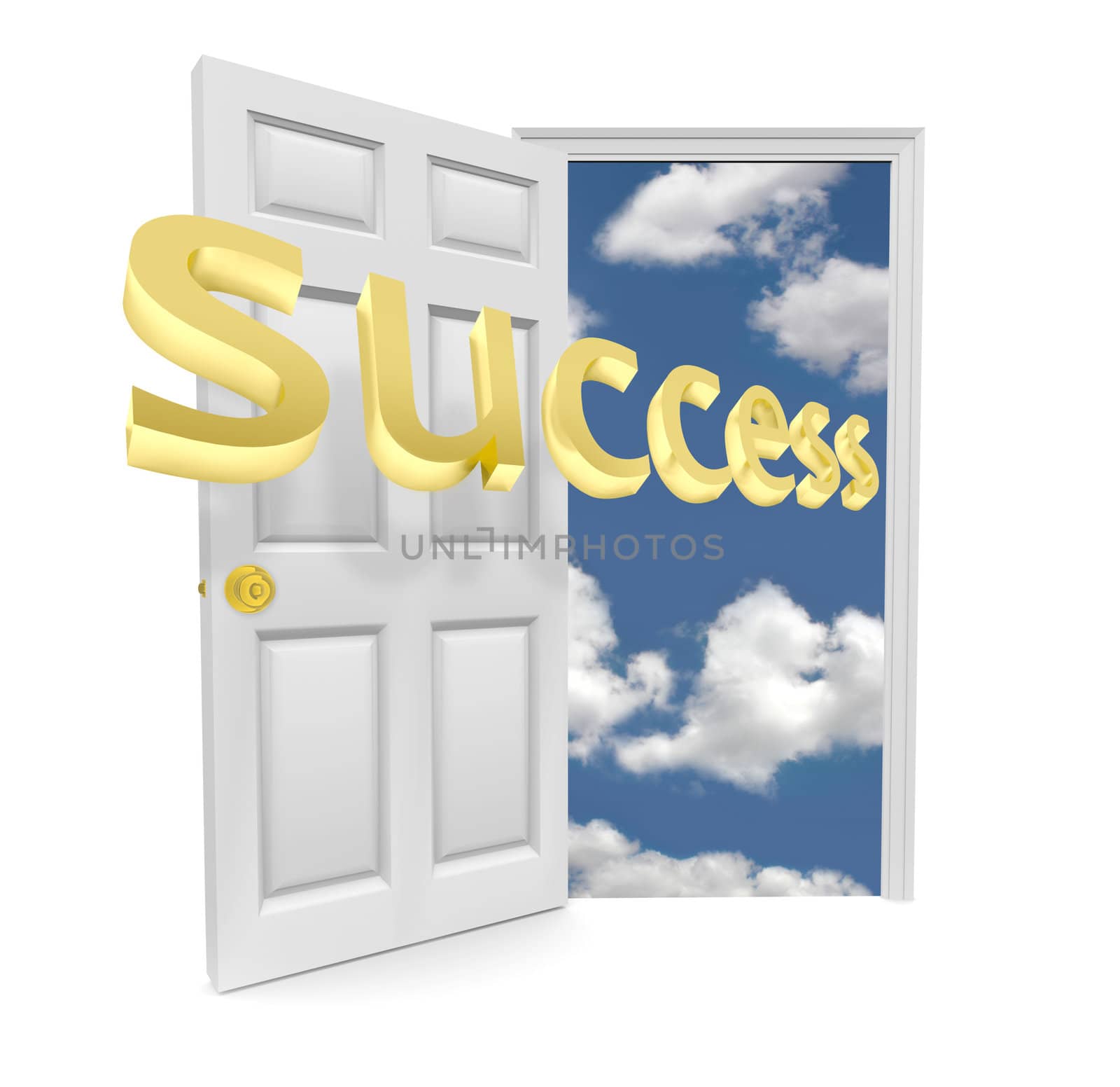 A door opens to a blue sky and the word success