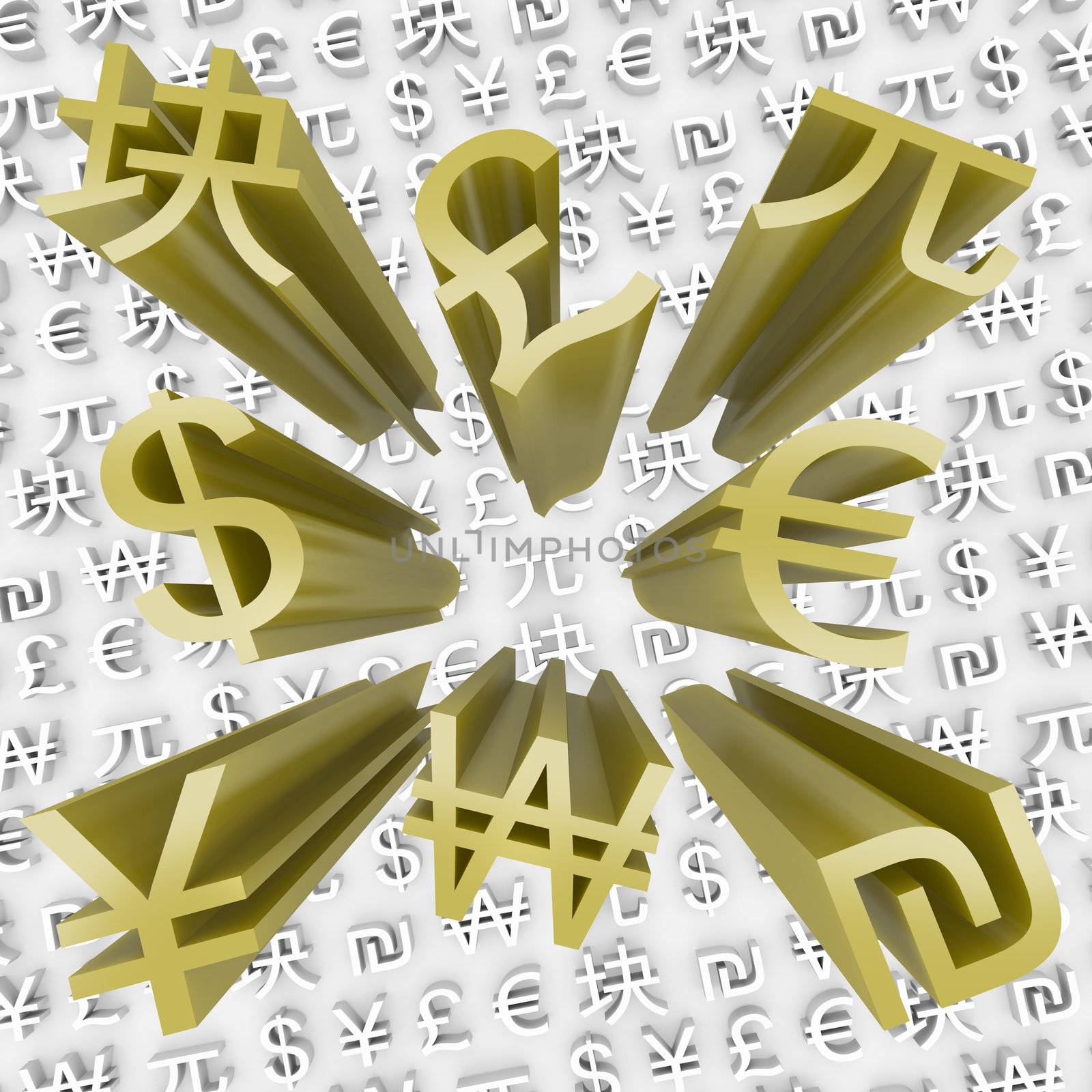 Many gold currency symbols come flying out of money background