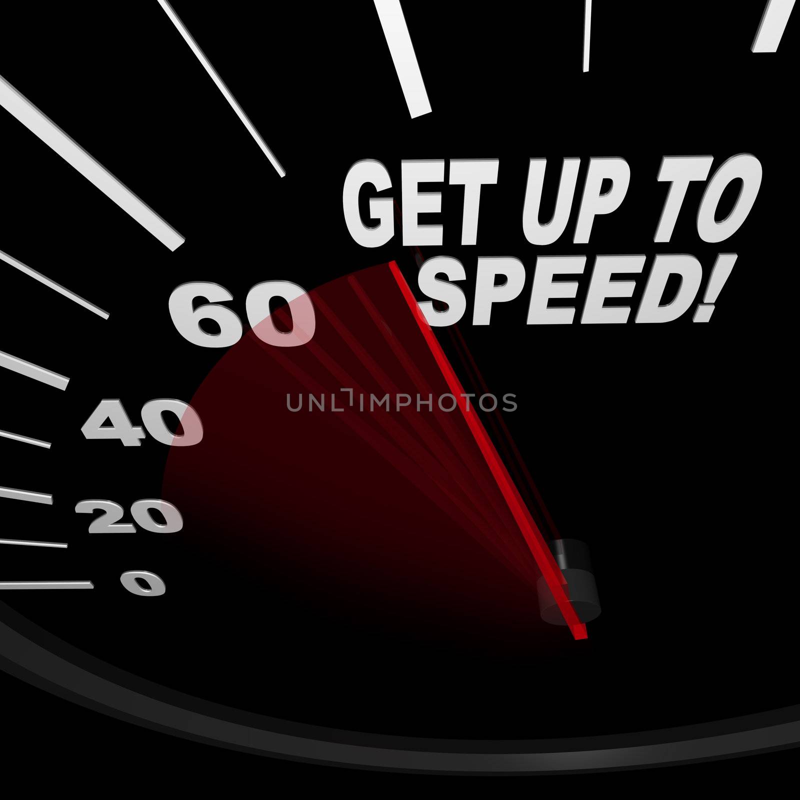 A black speedometer with the words Get Up to Speed