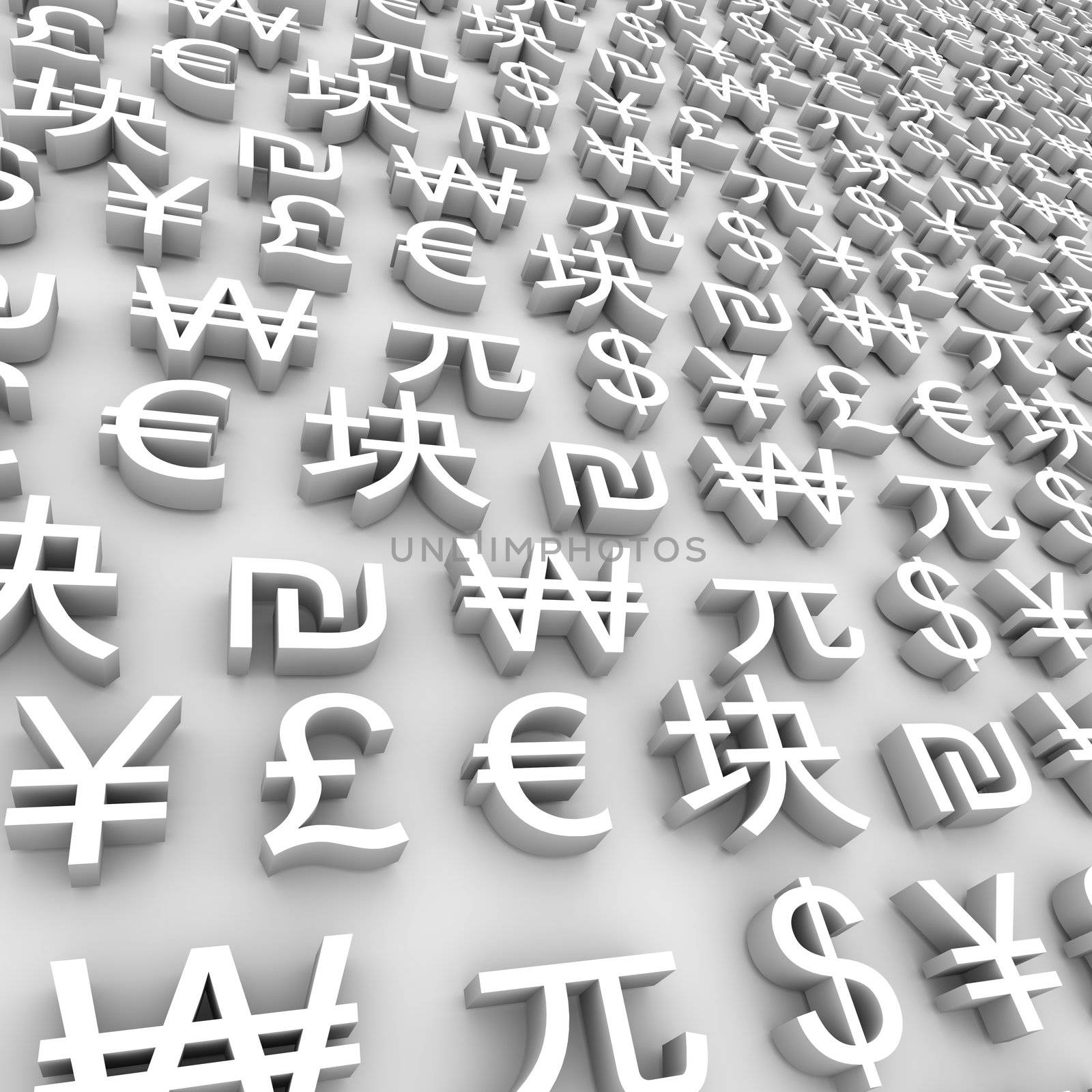 A series of global currency symbols on grey background