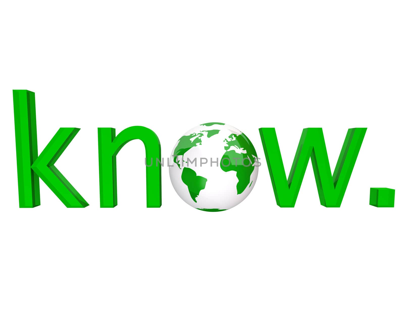 The word know in green letters and an illustrated planet Earth for the o