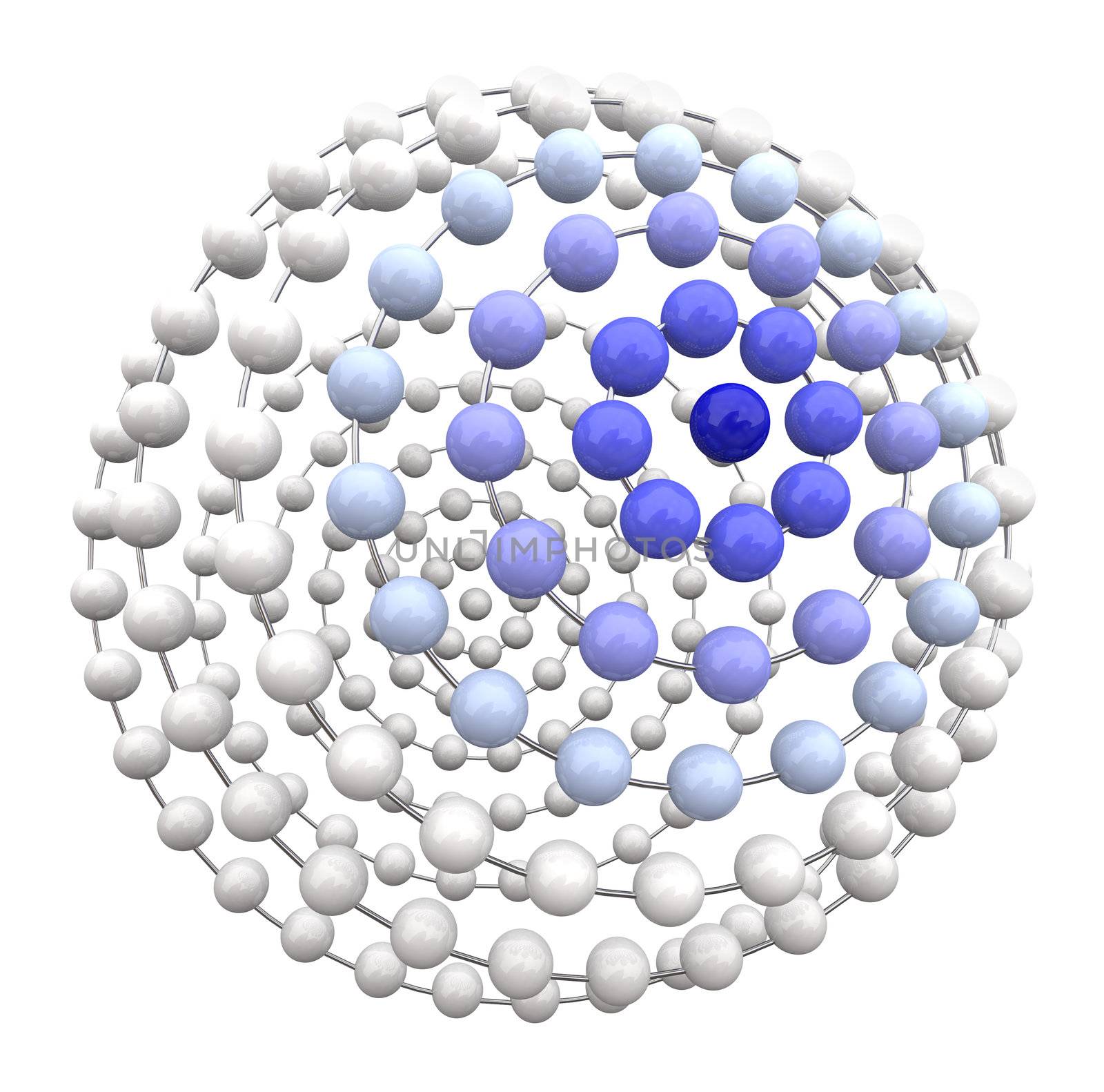 A white sphere with concentration of blue connected balls