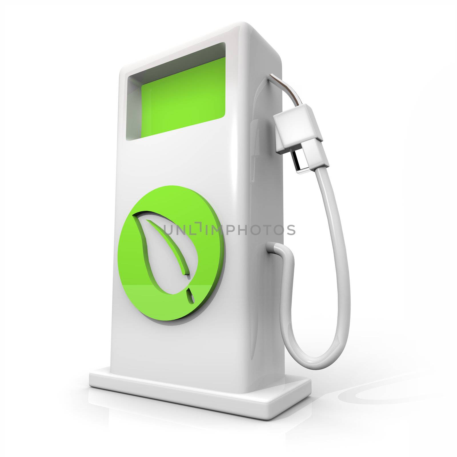 A white pump of alternative fuel with a green leaf symbol on it symbolizing earth friendliness