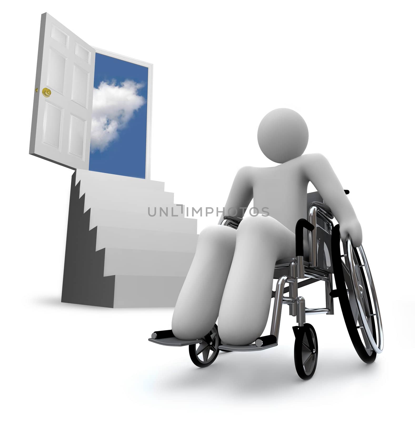 A person in a wheelchair sits before a tall staircase leading to a door, preventing him from going where he wants to go.