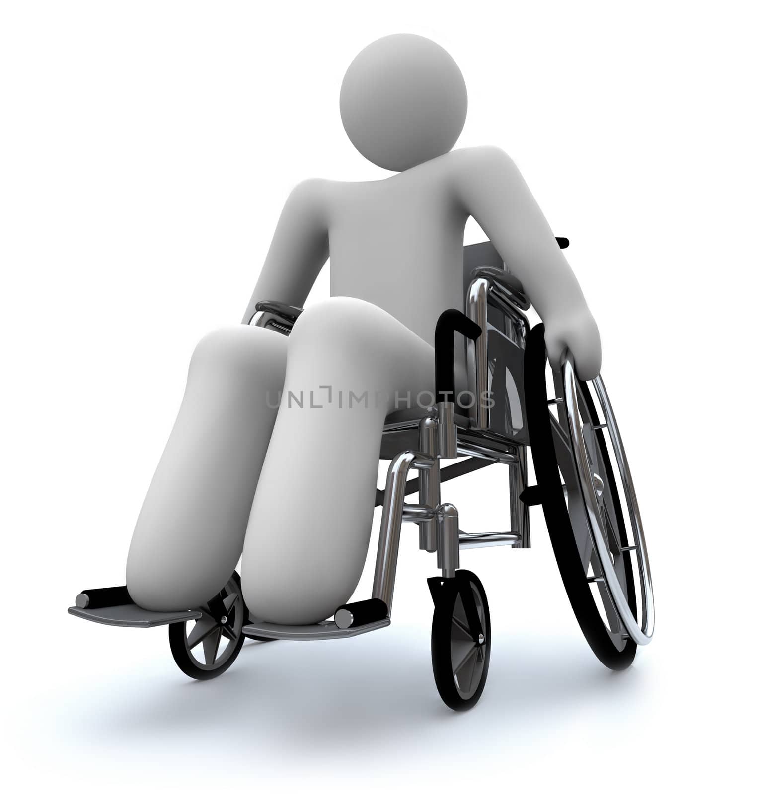 A person sits in a wheelchair on white background