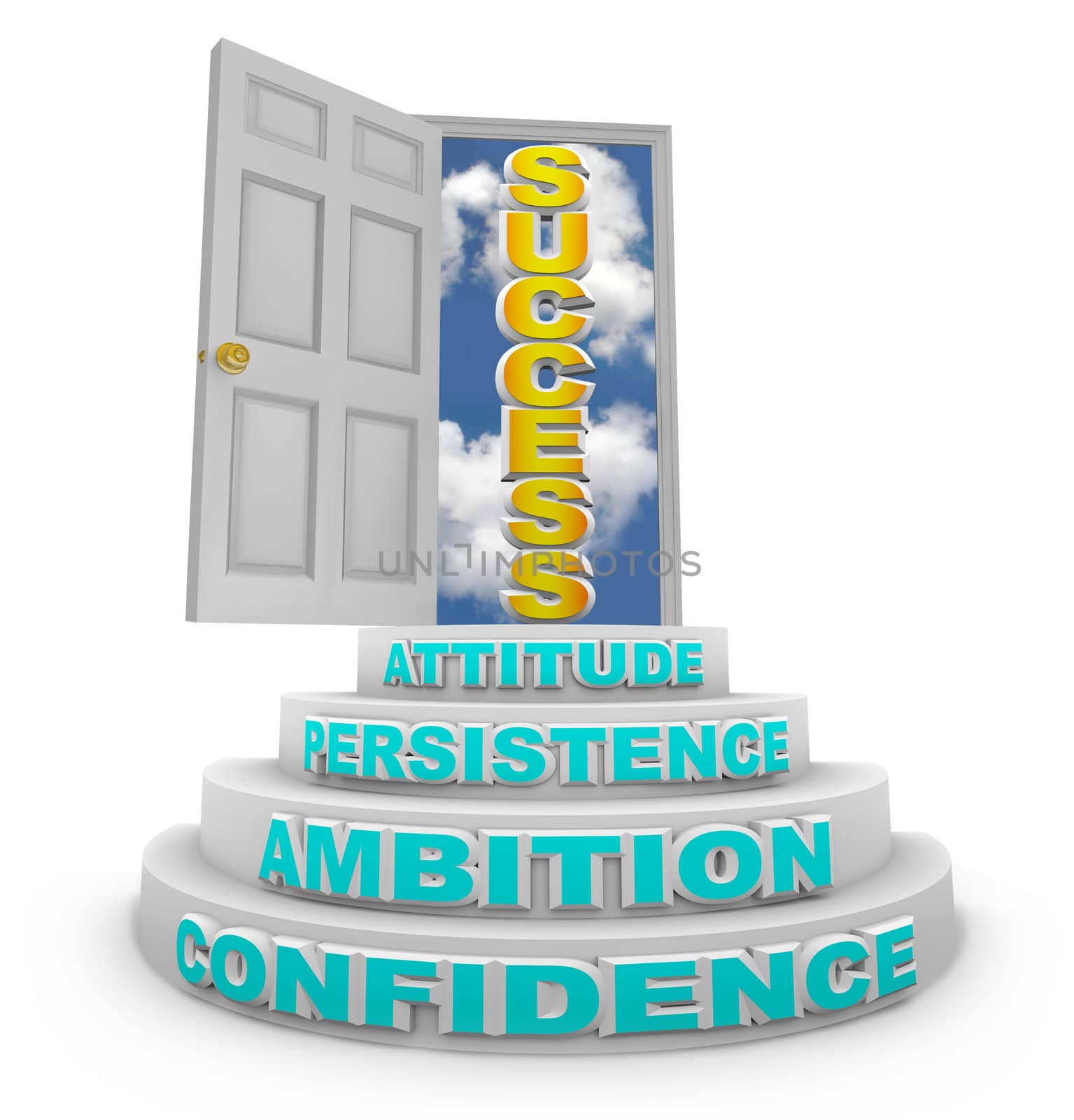 A series of steps with words - Confidence, Ambition, Persistence and Attitude - lead to an open door with the word Success showing through it