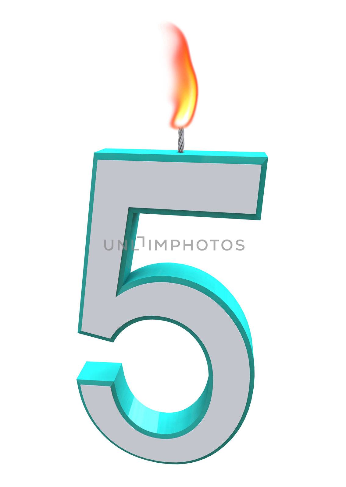 A blue and white number 5 candle with fire on wick