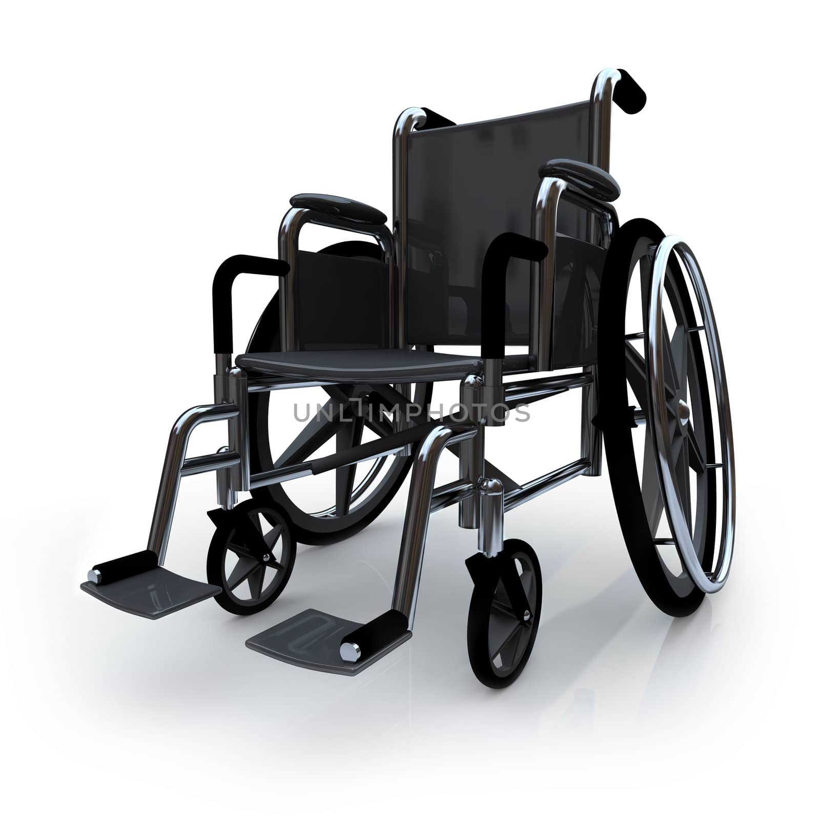 An empty wheelchair sits on a white background