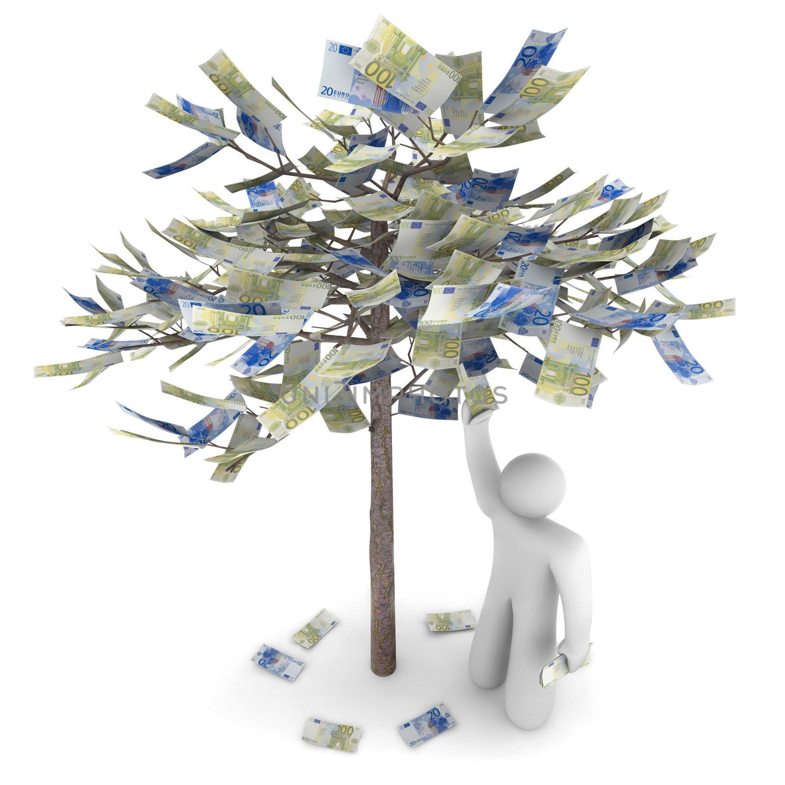 A money tree full of Euros and a man picking them off