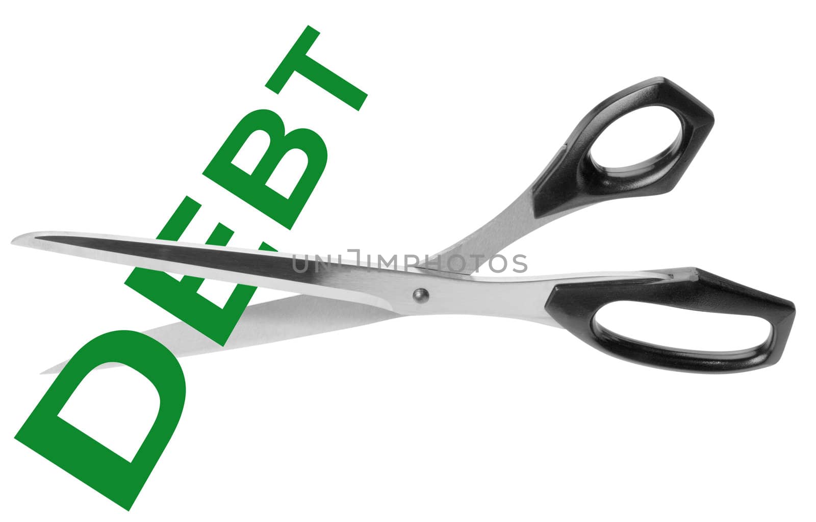 Scissors cutting the word dept in green, isolated with clipping path
