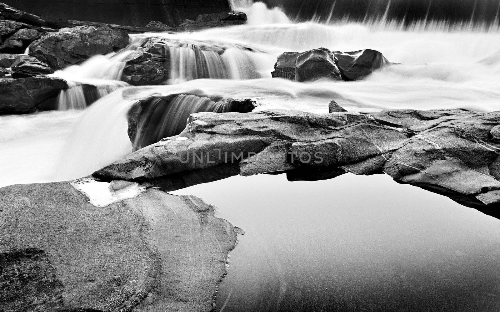 waterfalls photographed in black and white film