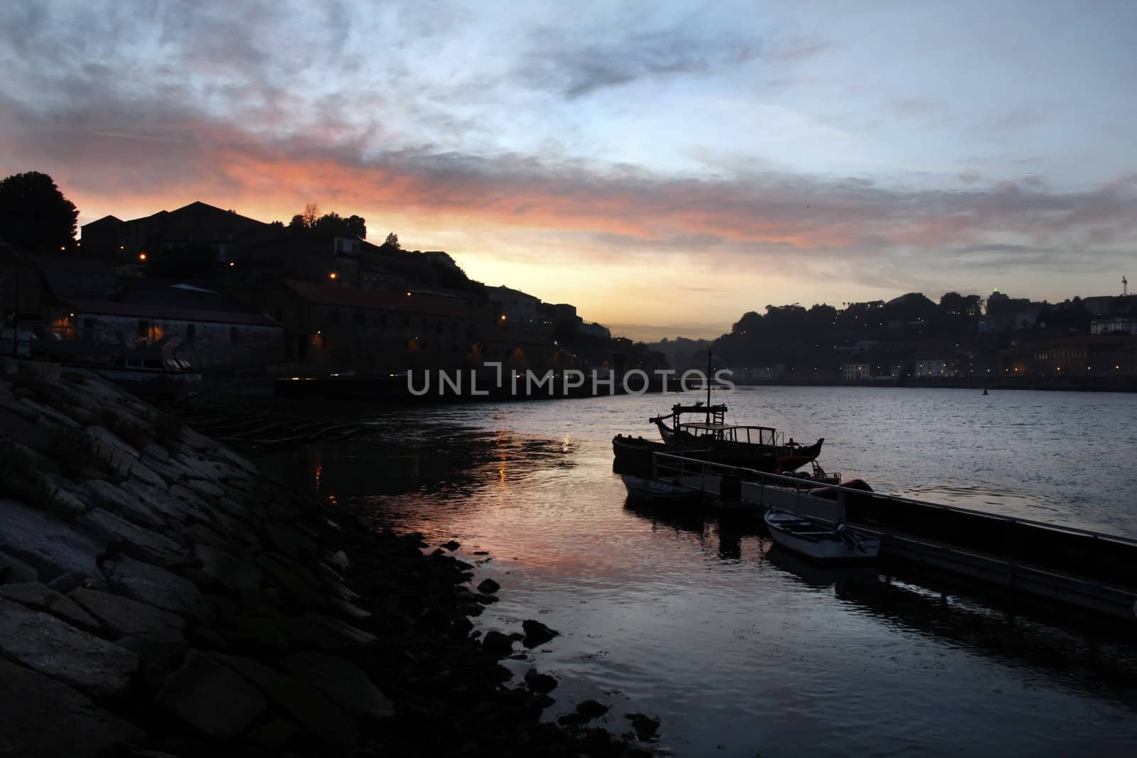 Night view of the old historical area of Vila Nova de Gaia city on Portugal by the river.