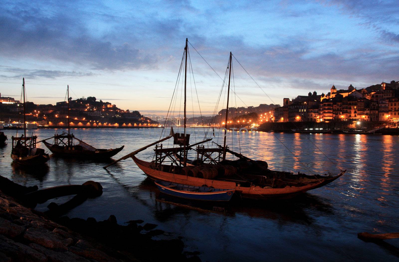 View of the river "Douro" dividing Porto and Gaia cities at the dawn of day in the north of Portugal.