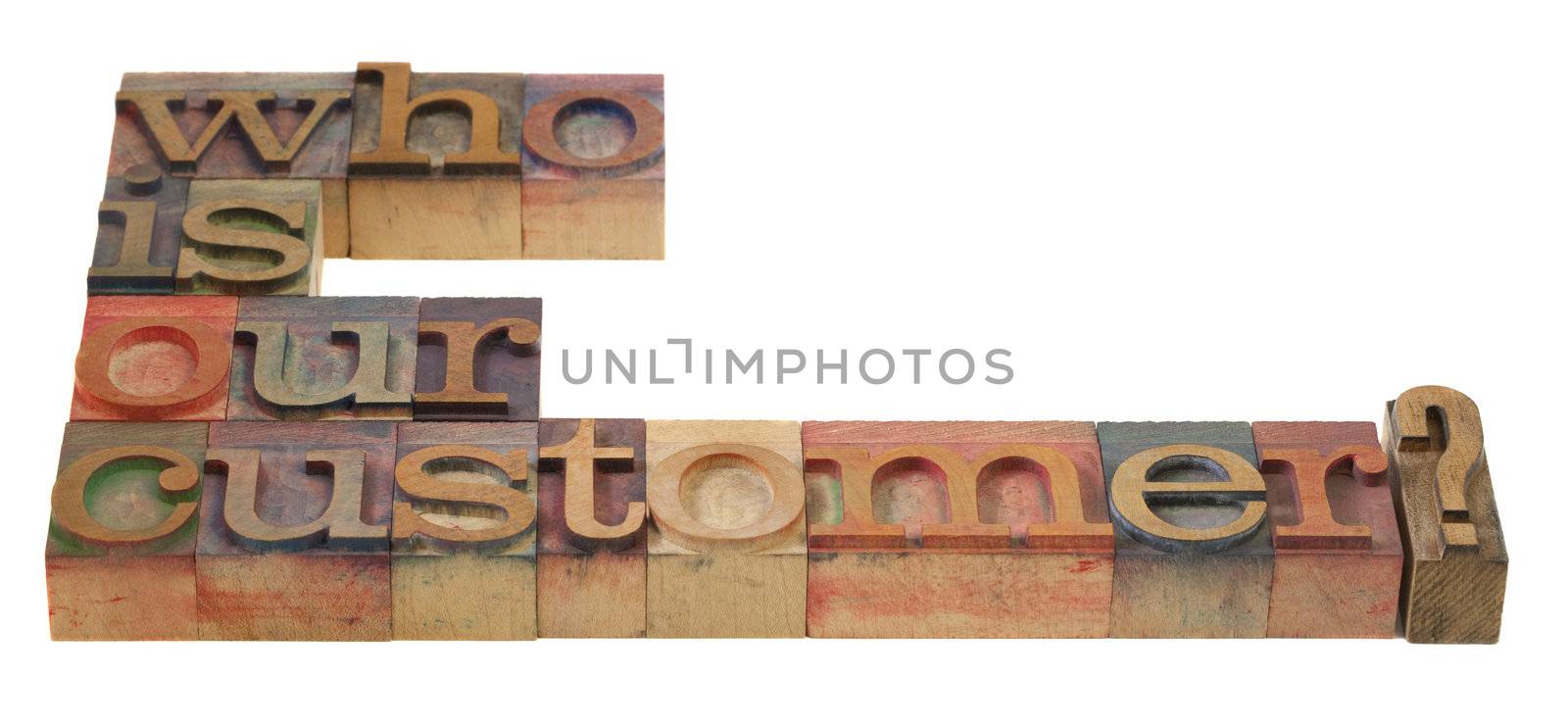 marketing concept - who is our customer question in vintage wooden letterpress printing blocks, stained by color inks