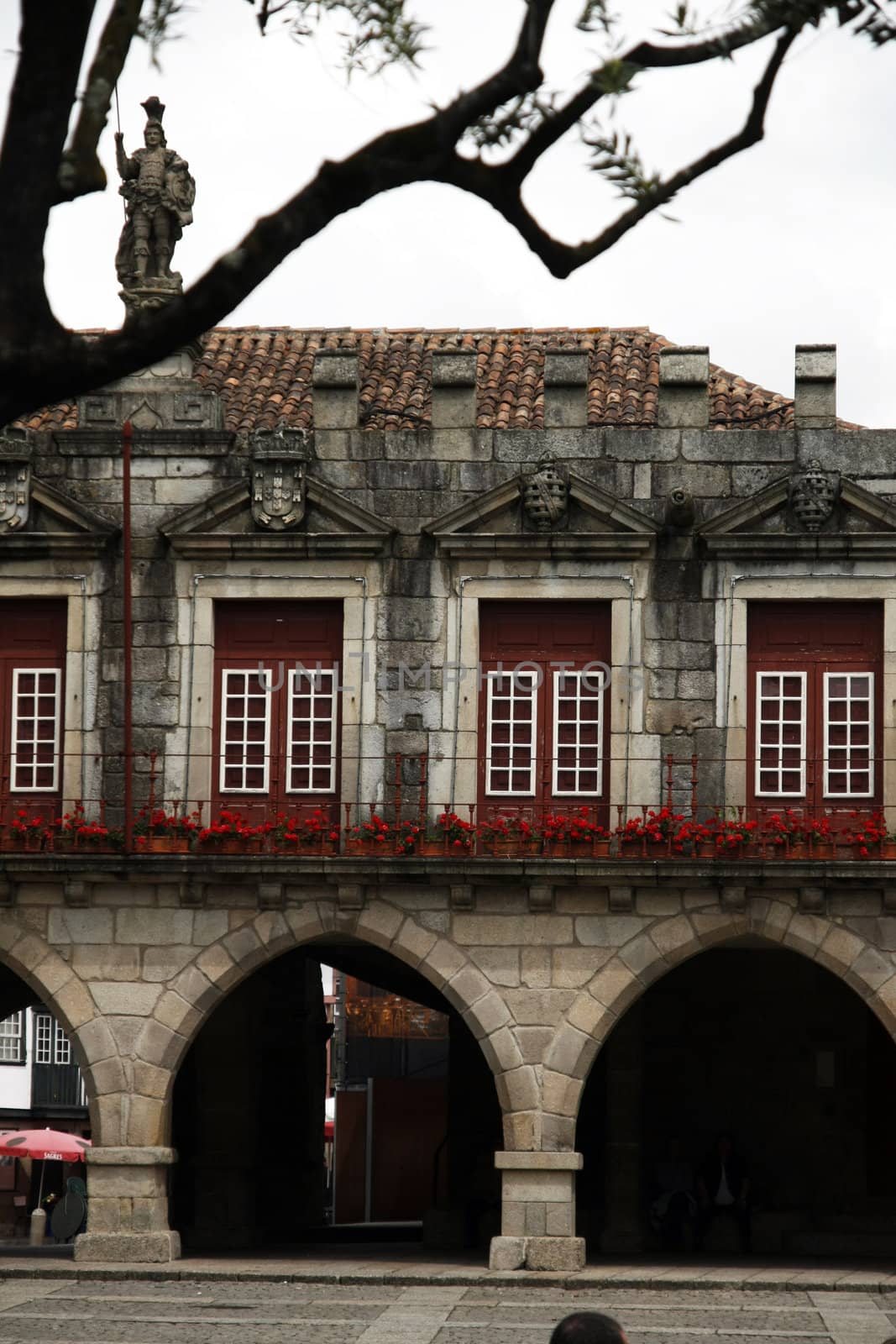 Detail of the ancient Municipal Plaza located on the old historical area of Guimaraes city on Portugal.