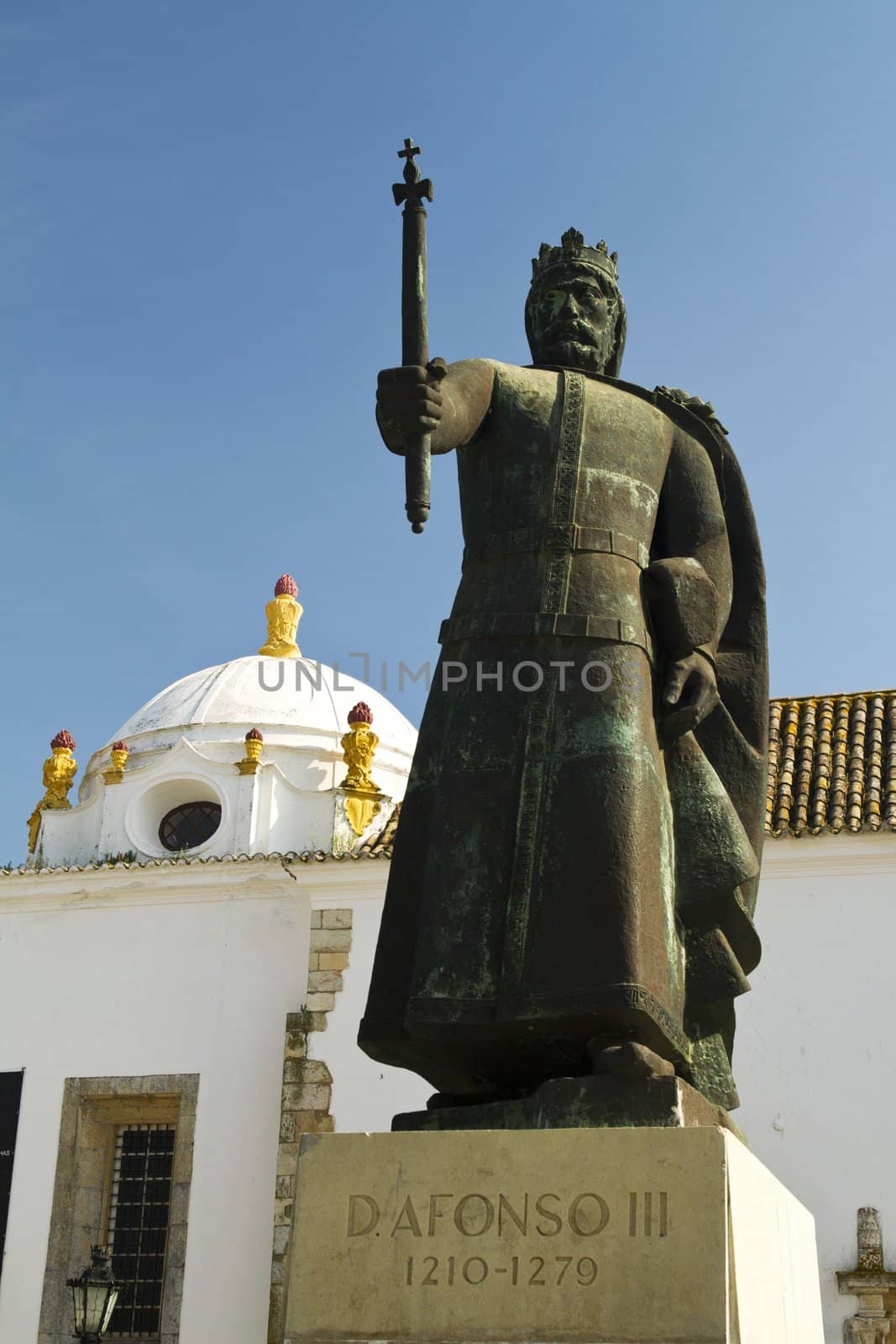 View of the statue of the first king of Portugal, D.Afonso III, located on Faro, Portugal.