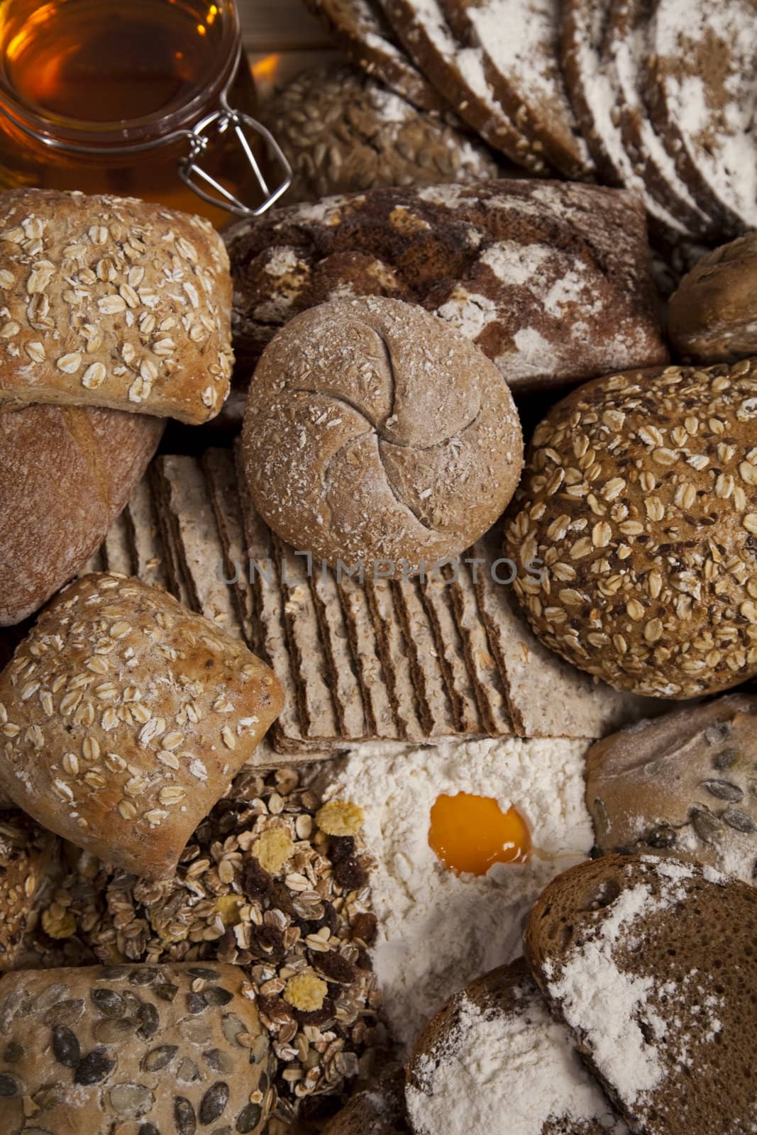 Still-life assortment of baked bread.