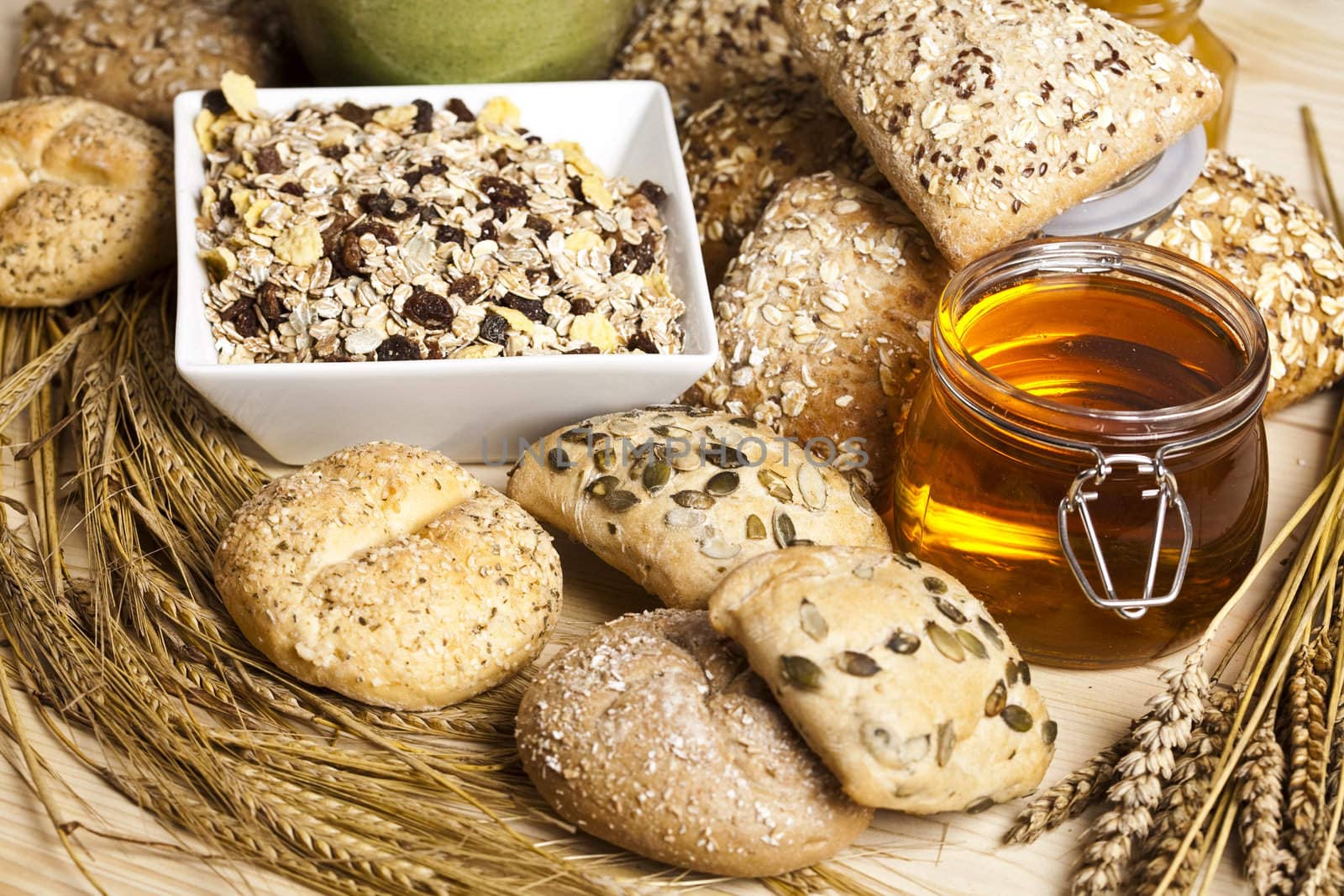 Still-life assortment of baked bread.