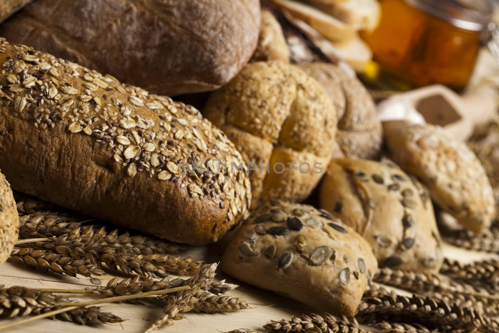 Still-life assortment of baked bread.