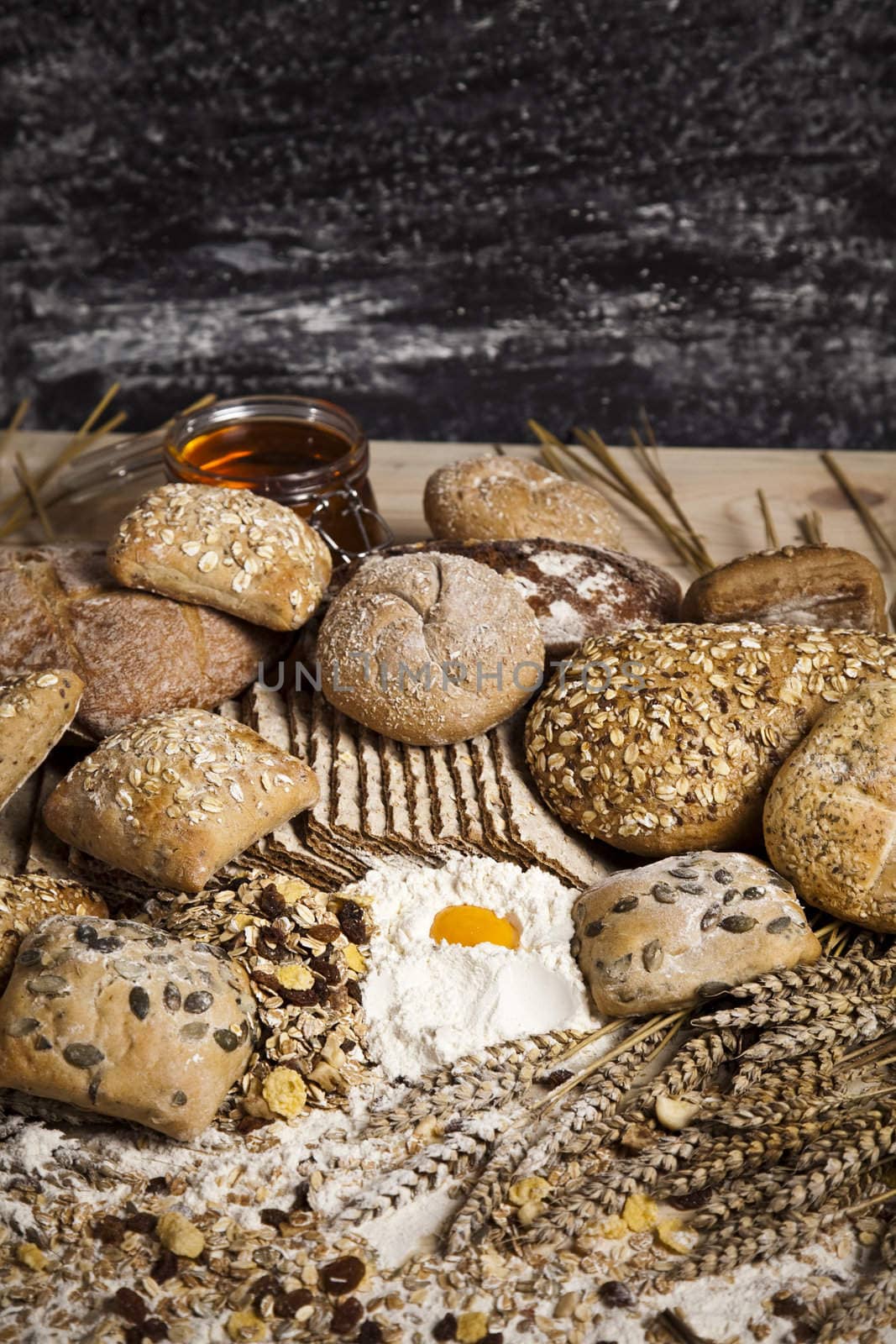 Still-life assortment of baked bread.