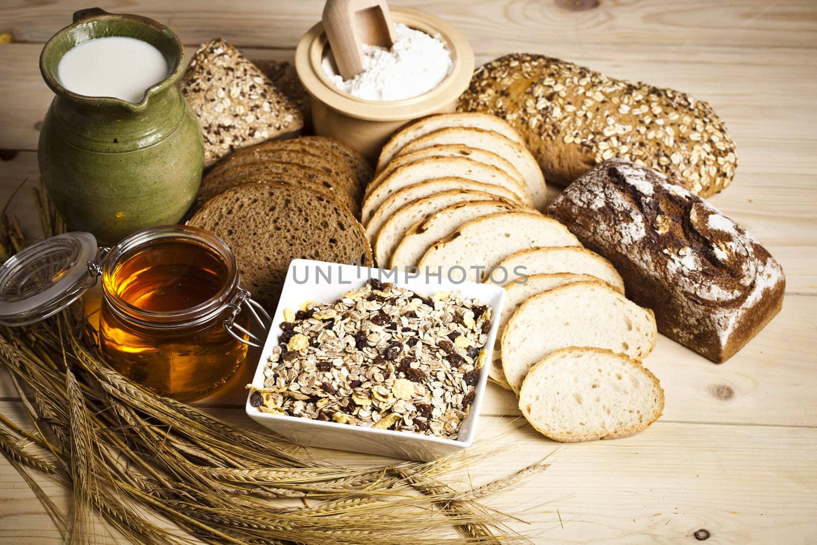 Still-life assortment of baked bread.