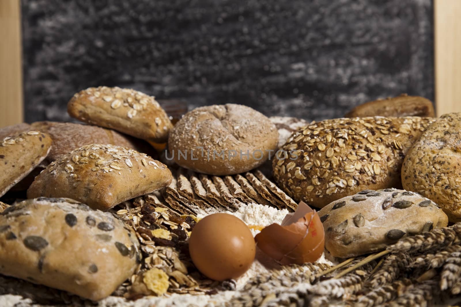 Still-life assortment of baked bread.