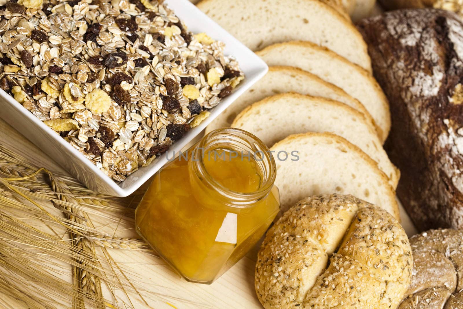 Still-life assortment of baked bread.