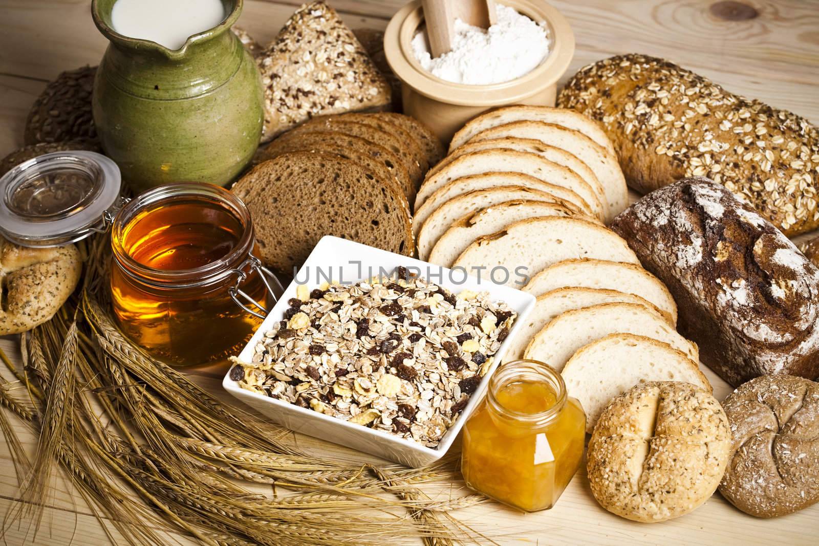 Still-life assortment of baked bread.