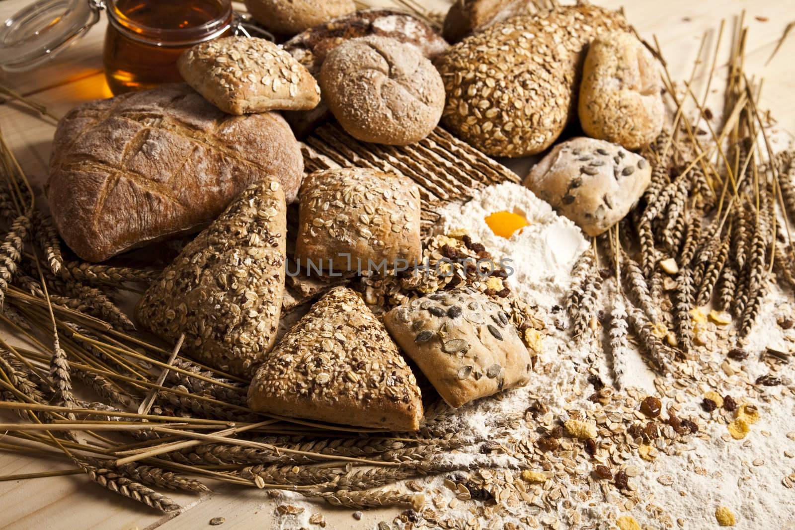 Still-life assortment of baked bread.