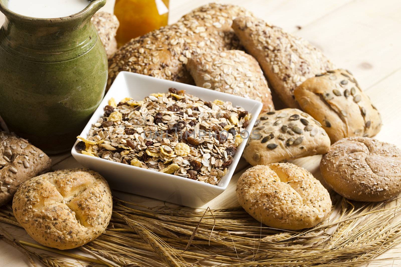 Still-life assortment of baked bread.