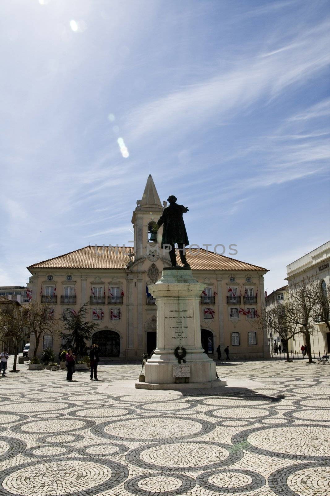 Wide view of the city hall square and building in Aveiro, Portugal. 