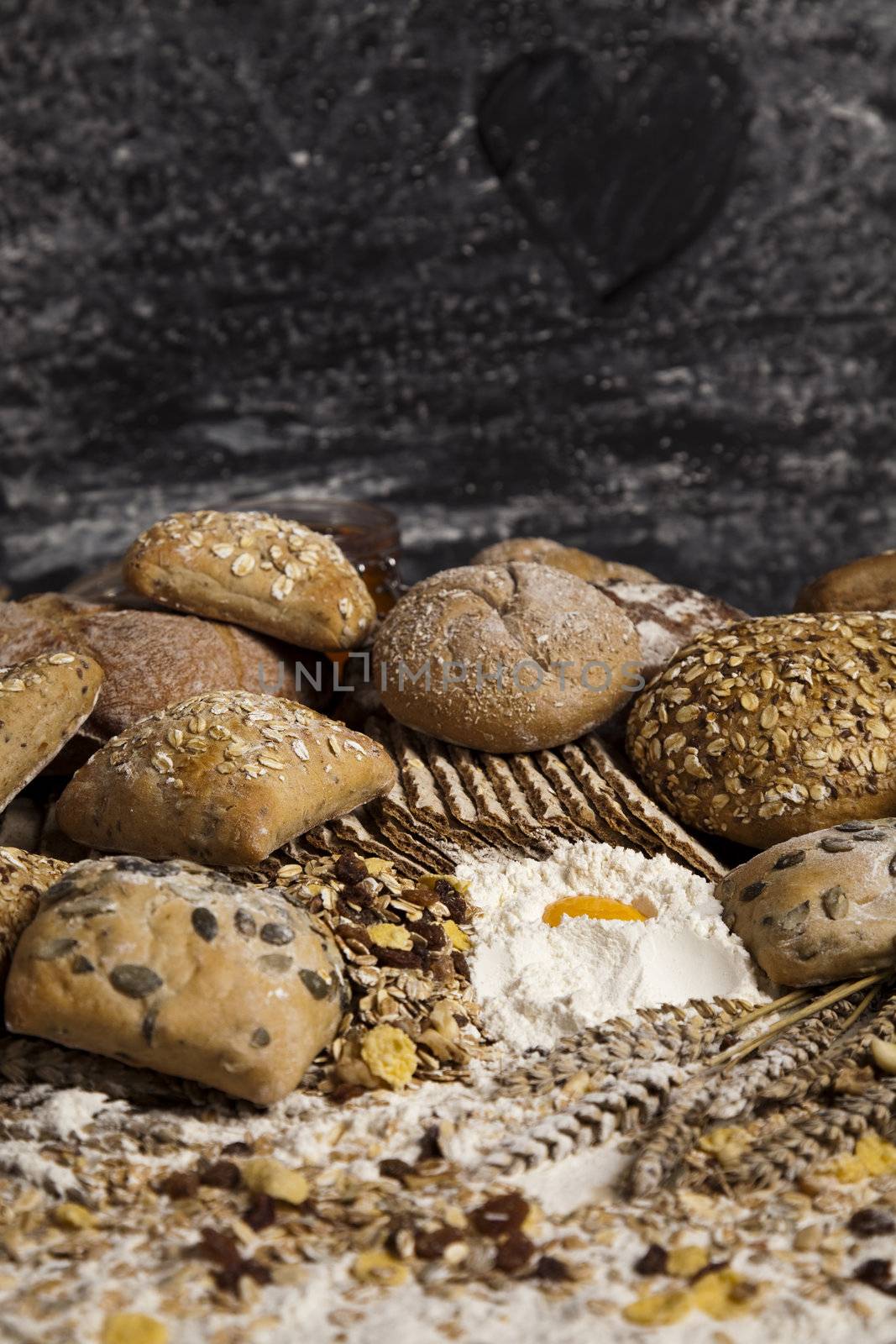 Still-life assortment of baked bread.